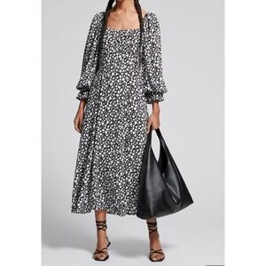 NWT & Other Stories Floral Square Neck Midi Dress Black White Double Puff Slit 2